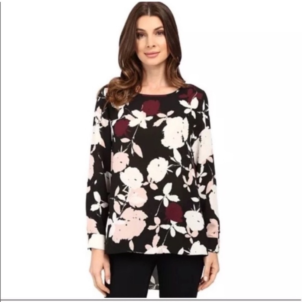 Vince Camuto Floral Blouse Pleat Back High Low Top